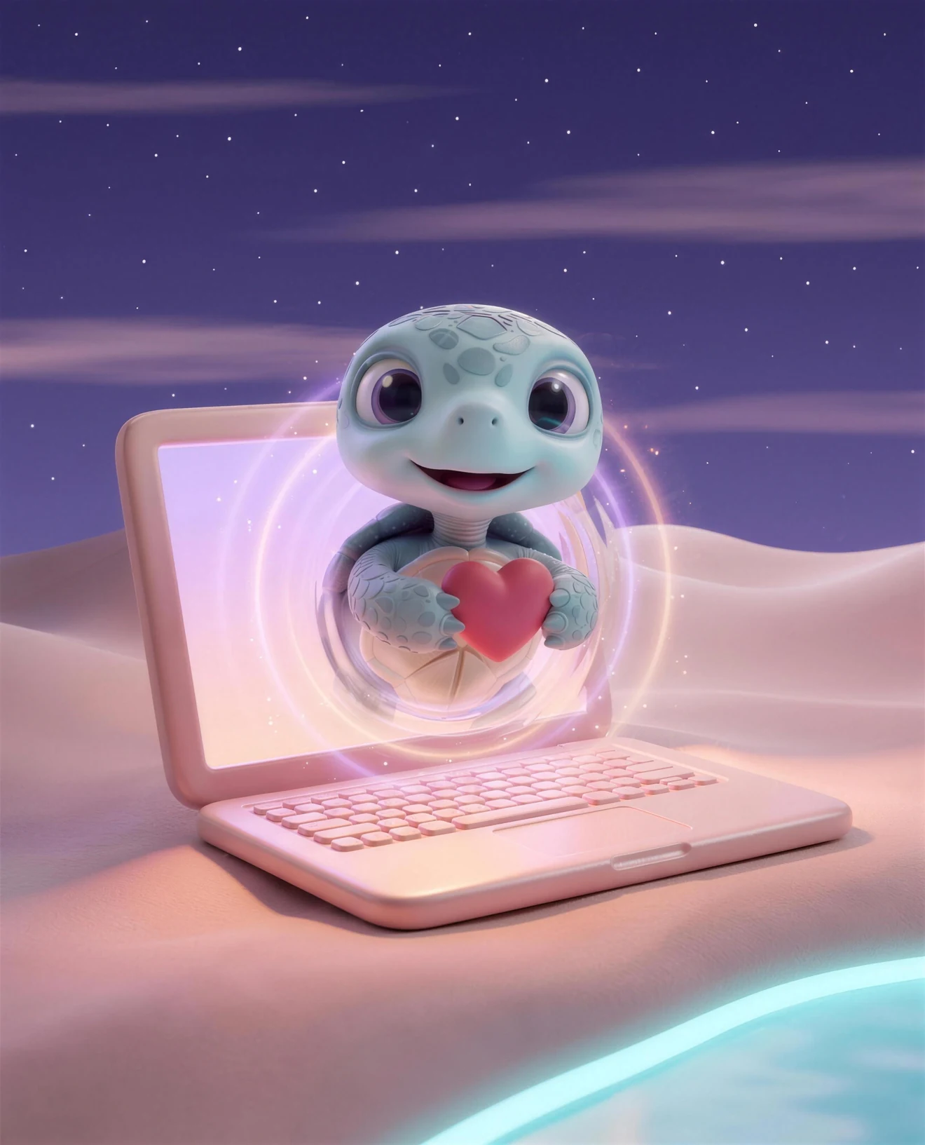 Eli the turtle coming through a glowing laptop screen holding a heart